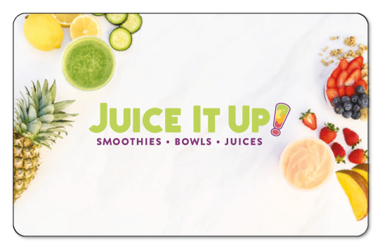 juice it up logo in middle surrounded by fruit on white background